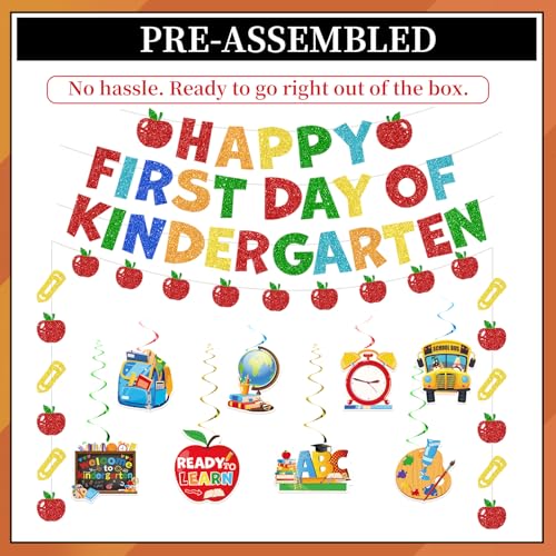 First Day of Kindergarten Banner Set with Hanging Swirls - No-DIY Decor for Photo Backdrops