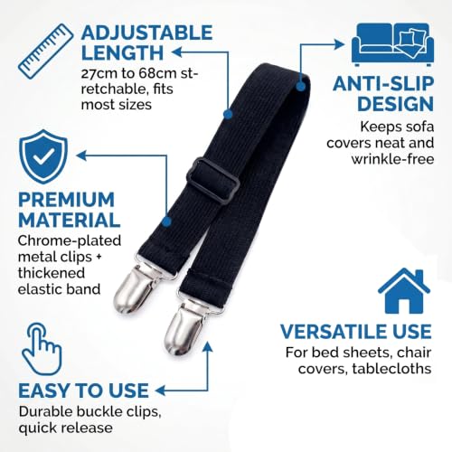 8-Pack Adjustable Elastic Sofa Cushion Straps & Bed Sheet Fastener Clips
