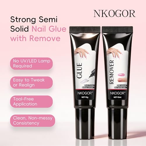 NKOGOR Press On Nail Glue and Remover Kit with Fast Air Dry Bond