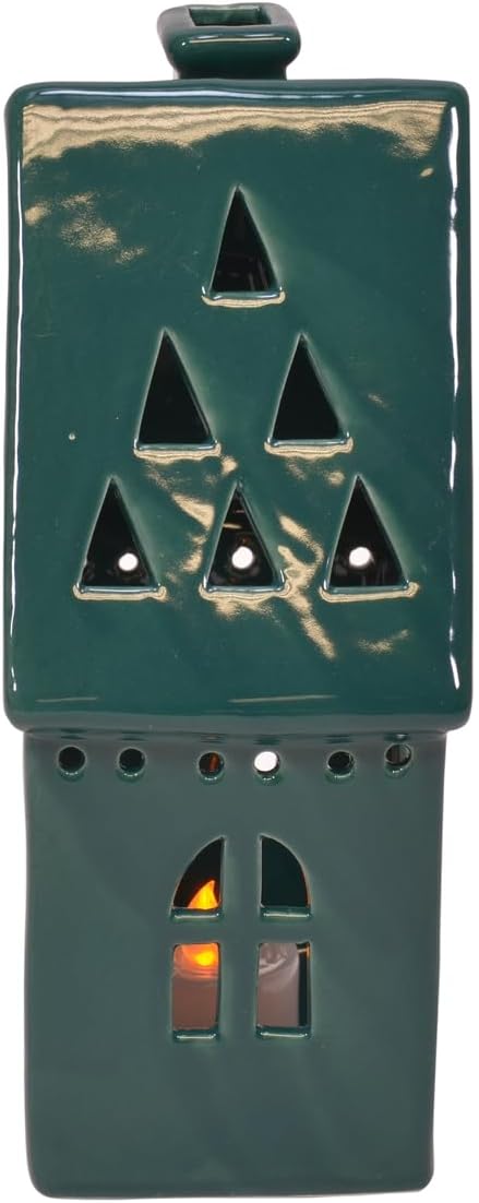 Regine Switzerland Holiday Tea Light Village House Figurines - Deep Green Glazed, Set of 3, 8 Inch