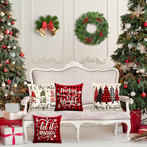 THAWAY Christmas Pillow Covers 18x18 Set of 4, Red & Black Buffalo Plaid