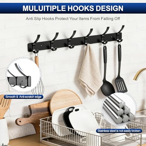 Heavy Duty Wall Mounted Coat Rack - 2-Pack with 12 Hooks, Black