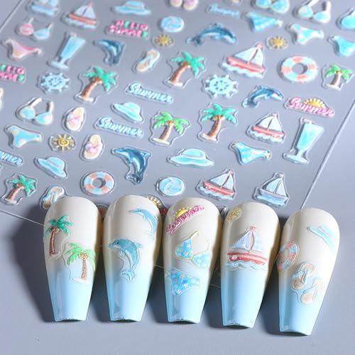 IDDFEVE 5D Embossed Summer Nail Stickers - Tropical Beach Palm Tree & Wave Decals (2 Sheets)