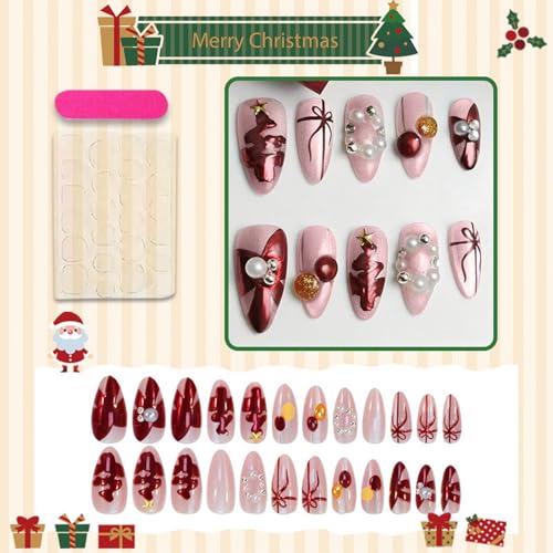 GRITOSE Pink Christmas Press on Nails Medium Almond 3D False Nails with Pearls & Glitter