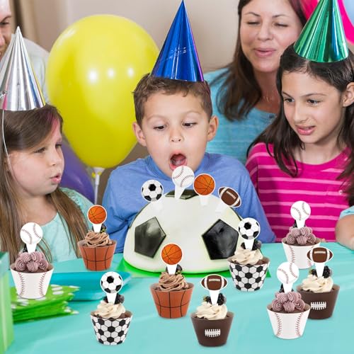 48 Pack Sports Cupcake Toppers & Wrappers for Birthday Parties