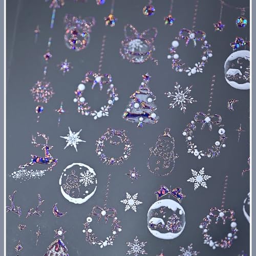 5D Embossed Christmas Nail Stickers Pink Snowflake Tree Nail Decals