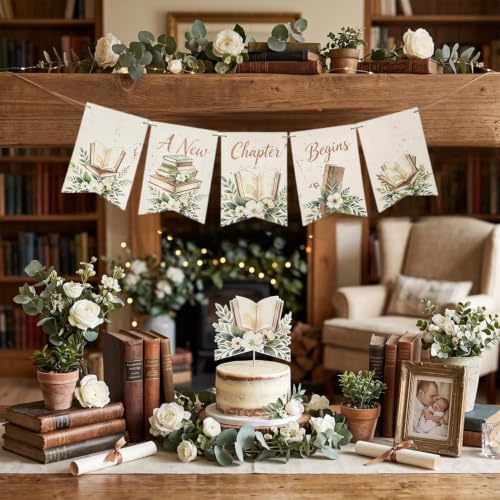 A New Chapter Begins Book Theme Party Banner - Boho Decor for Events