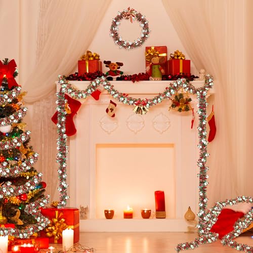 50FT Red Green Christmas Tinsel Garland with Snowman Ornaments - Metallic Xmas Decor