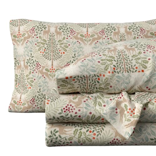 Twin Size Christmas Flannel Sheet Set - Woodland Deer Holiday Bedding - Ultra-Soft Turkish Cotton, Double-Brushed Winter Bed Sheets