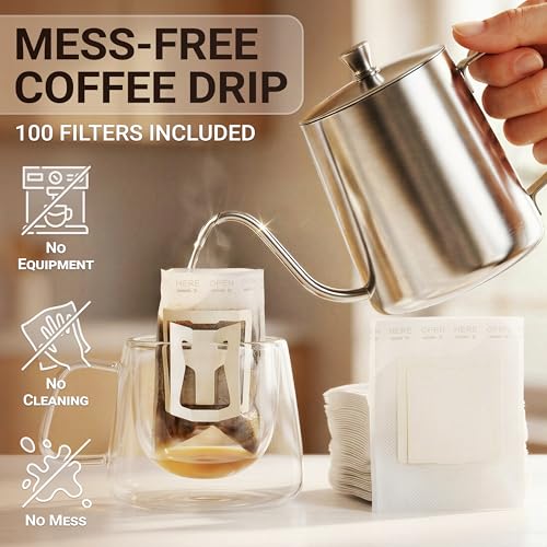 Granatan Disposable Drip Coffee Filter Bags - 100 Pack for Travel & Camping