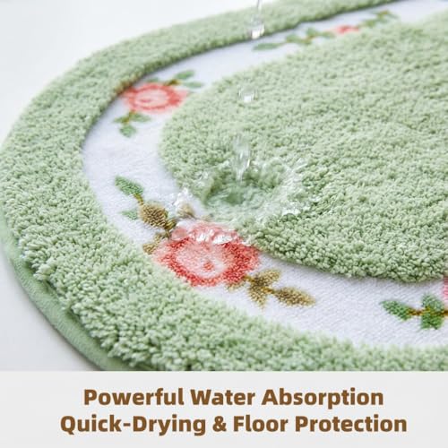 QMEAKMONY Green Rose Flower Shaggy Bathroom Rug 1'4" x 2' Oval