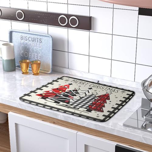 Christmas Trees Dish Drying Mat 18x24 Inch Reversible Microfiber Kitchen Counter Decor - Black White Buffalo Plaid
