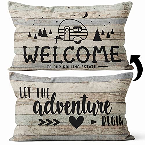 Welcome Camper Decor Pillow Cover - 20x12 Two-Sided Linen