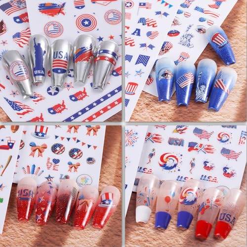 HOXIEYA 4th of July Patriotic Nail Stickers - 4 Sheets American Flag Design