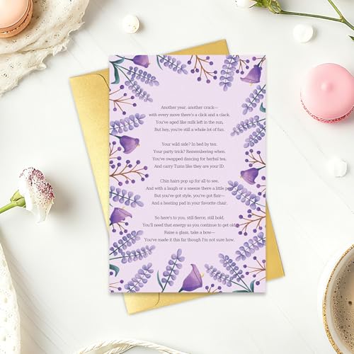 Funny Lavender Birthday Card with Heartfelt Poem for Friends