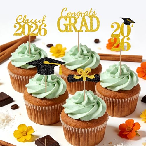 2026 Graduation Cupcake Toppers - 25 Black & Gold Picks