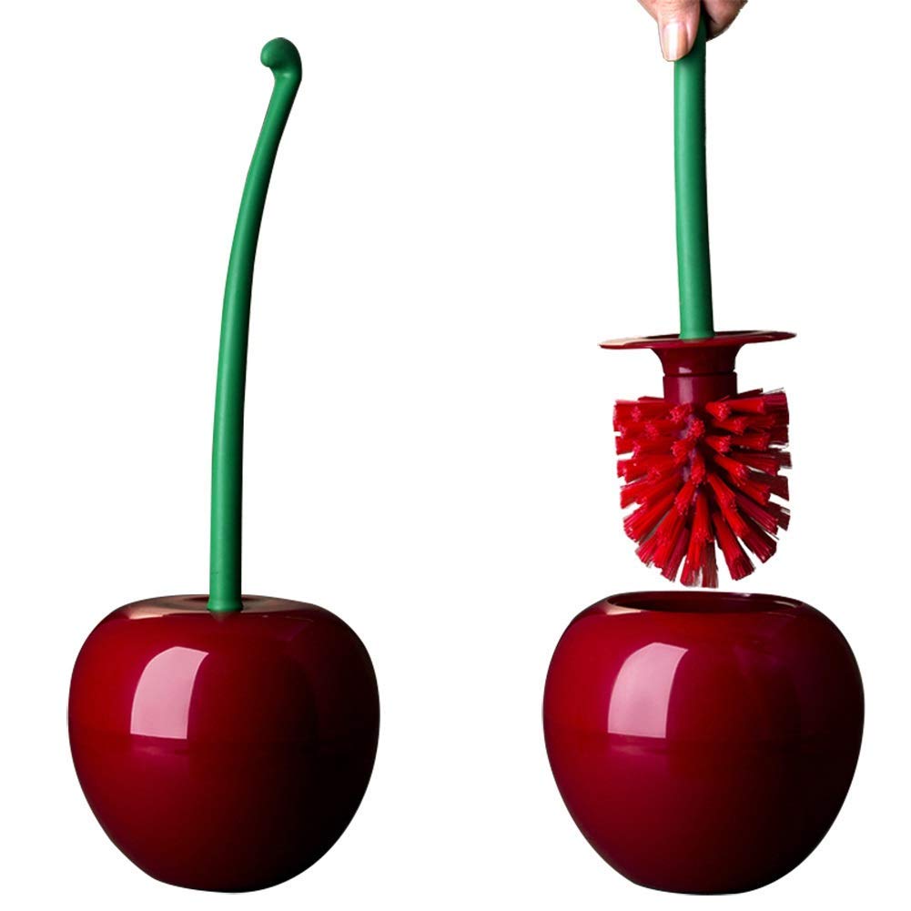 DORA BRIDAL Toilet Brush and Holder Set, Cute Cherry Toilet Brush and Bowl with Long Handle, Bathroom Household Tool Cleaner Accessories for Cherry Shape Decor(1 Brush, 1 Holder)