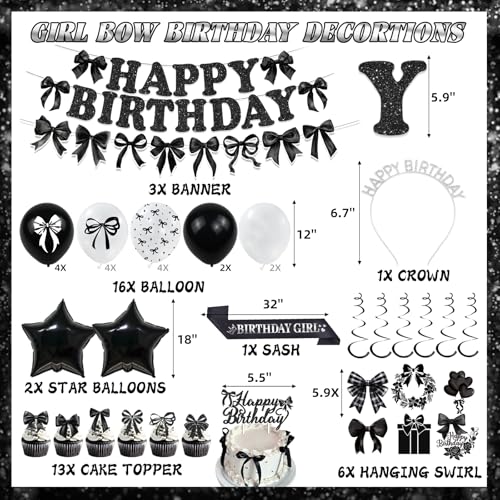 Black Bow Birthday Party Decorations Set - Banner, Balloons & Cake Toppers