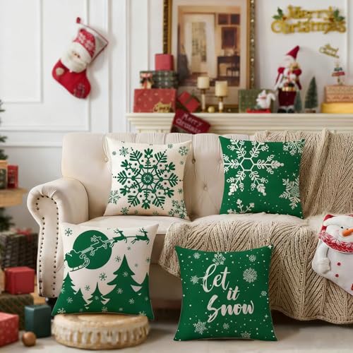 JOJOGOGO Green Christmas Pillow Covers Set of 4 - 18x18 Snowflake Design