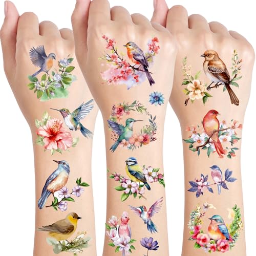 Konsait Bird Temporary Tattoos for Kids - 10 Sheets Hummingbird and Flower Fake Tattoos for Party Favors