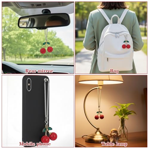 JJUNW Crystal Cherry Car Hanging Ornament - Bling Rearview Mirror Charm