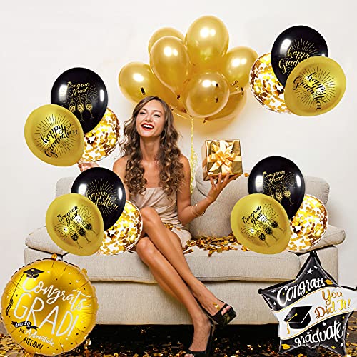 38PCS Graduation Balloons Set - Black & Gold Confetti Decor