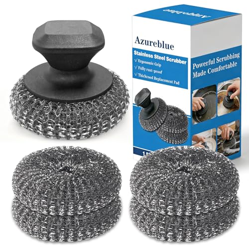 Azureblue 5-Pack Stainless Steel Scrubber with Ergonomic Handle