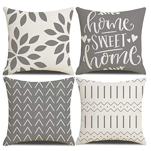 Boho Linen Throw Pillow Covers 16x16 Gray, Set of 4 Farmhouse Cushion Cases