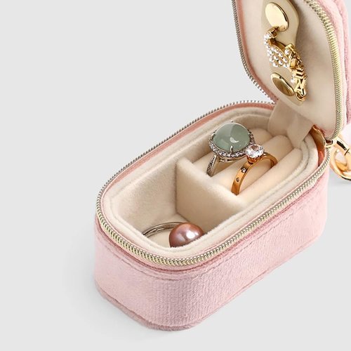 FCGOD Velvet Mini Travel Jewelry Case - 2-in-1 Ring Holder Keychain for Women, Portable Clutch Organizer for Earrings/Necklace, Wedding Party & Vacation Daily Storage Bag Gift for Her (Pink)