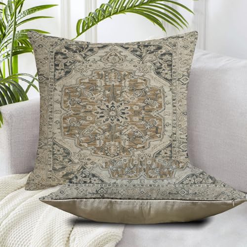 Boho Throw Pillow Covers Set of 2 | 18x18 Black Gold Grey Linen
