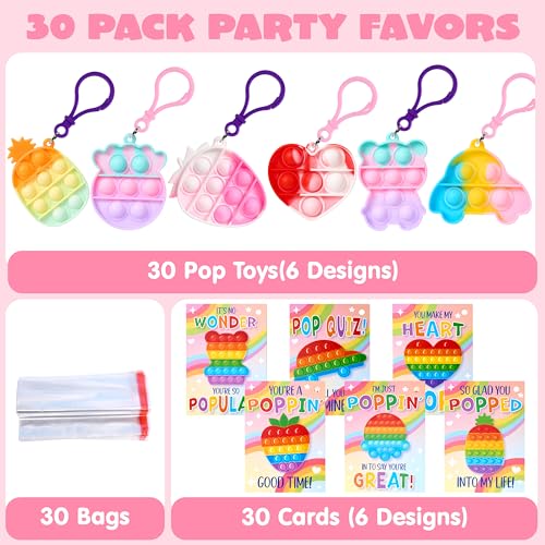 JOYIN 30 Packs 6 Design Gift Cards with Pop Bubble Keychains, Mini Colored Pop, Multi Shape Stress Relief Fidget Toys for Kids Party Favors and Classroom Gift Exchange