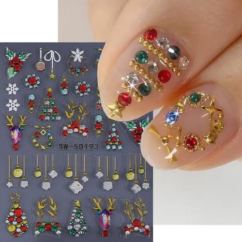 5D Embossed Christmas Nail Stickers Glitter Snowflake Reindeer Decals 3Sheets