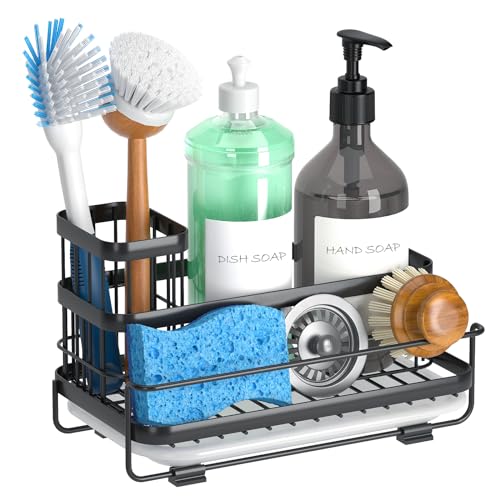 Trendy Sink Caddy Kitchen Organizer with Drain Tray - Rustproof Dish Storage Rack
