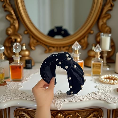 Navy Blue Velvet Headband with Twisted Knot and Faux Pearl Beading