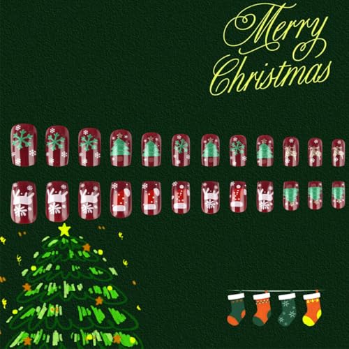 KTAABTR Christmas Press on Nails Short Square Winter Dark Red Fake Nails