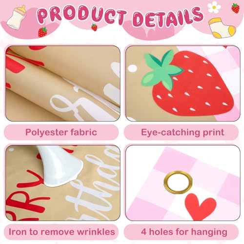 Berry First Birthday Banner - Pink Strawberry 1st Birthday Backdrop for Girls