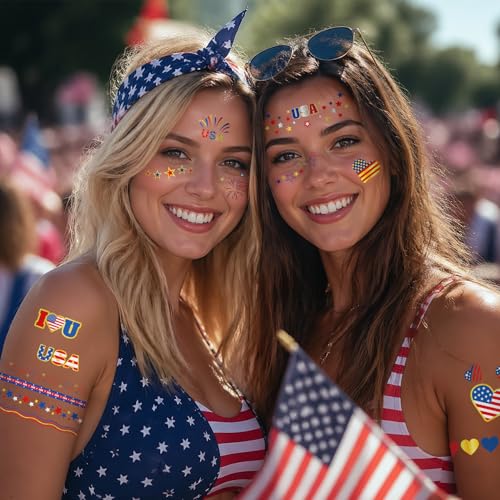 HOWAF 4th of July Patriotic Temporary Tattoos - Red White Blue Face & Body Decals