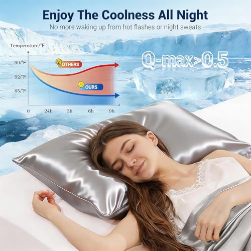 Cooling Satin Pillowcase for Hot Sleepers, Silver Gray - Standard Size