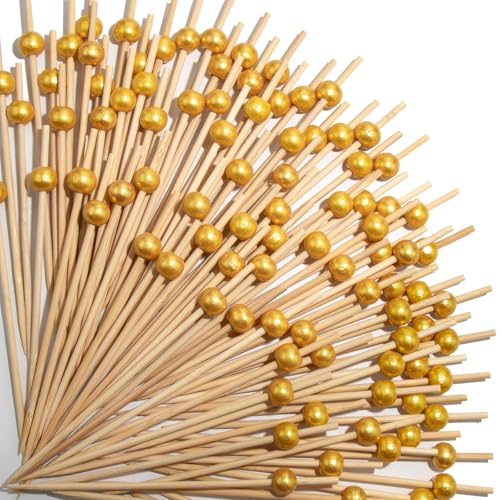 Gold Pearl Cocktail Picks for Appetizer & Charcuterie Boards - Matte Gold Beads, 100-Pack