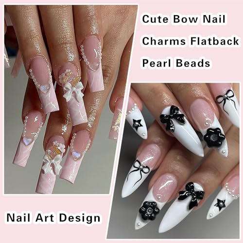 3D Bow Nail Charms and Flatback Pearls Set with Tweezers (300 Pcs)
