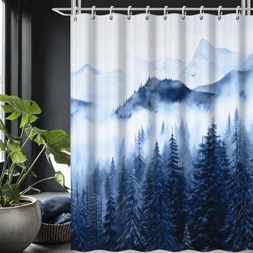 Navy Blue Forest Shower Curtain 72x72 Inch - Waterproof & Machine Washable