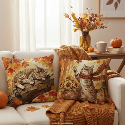 GAGEC Fall Cat Pillow Covers Set of 4, 18x18 inch Autumn Decor