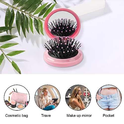 Tenalleys 2-Piece Folding Travel Hair Brush with Mirror Mini Pocket Pink