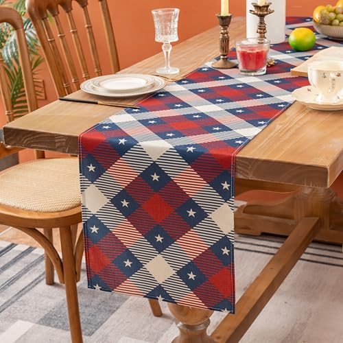 Patriotic 4th of July Table Runner 13x60 - Red Blue Buffalo Plaid