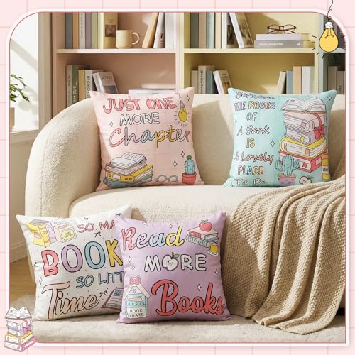 Tranqun Pastel Book Throw Pillow Covers Set of 4 Classroom Reading Decor, 18x18 Inches