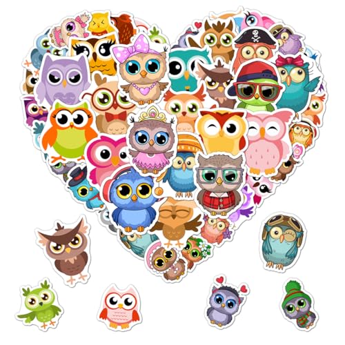 50 Pcs Waterproof Cute Owl Stickers for Water Bottles & Laptops
