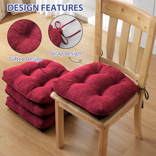 Chair Cushions Set of 2 - 15.5x15.5x4 Inches, Red, Non-Slip Memory Foam