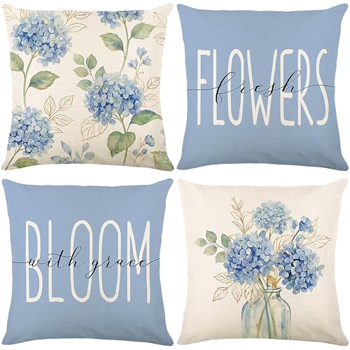 Blue Hydrangea Floral Throw Pillow Covers 18x18 Set of 4 - Durable Spring Home Decor