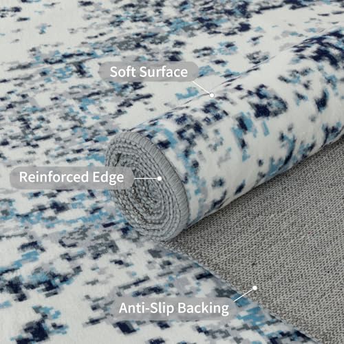 Easy-Going Area Rug 5x7 Washable Boho Rugs for Living Room Non-Slip Bedroom Rug Low Pile Lightweight Floral Print Vintage Throw Rug for Dining Room Kitchen Home Office Carpet, Blue Cream