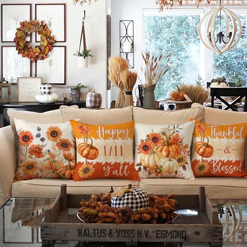 NIGHTWISH Fall Pillow Covers Set of 4 - Floral Pumpkin Decor